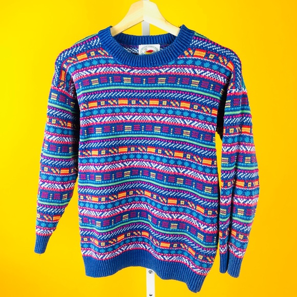 Colorful Blue Multicolor Knit Crewneck Sweater Top - Picture 2 of 5